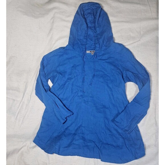 Flax Blue Linen Hooded Tunic Top Med Lagenlook Hood Peasant Fairy Boho Beachy - Picture 2 of 8